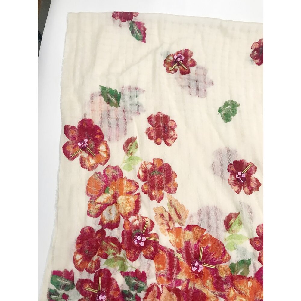 Anthropologie Scarf Womens Red Orange Floral Wool Sheer Fringe Sequins 31 X 72 - Picture 7 of 12